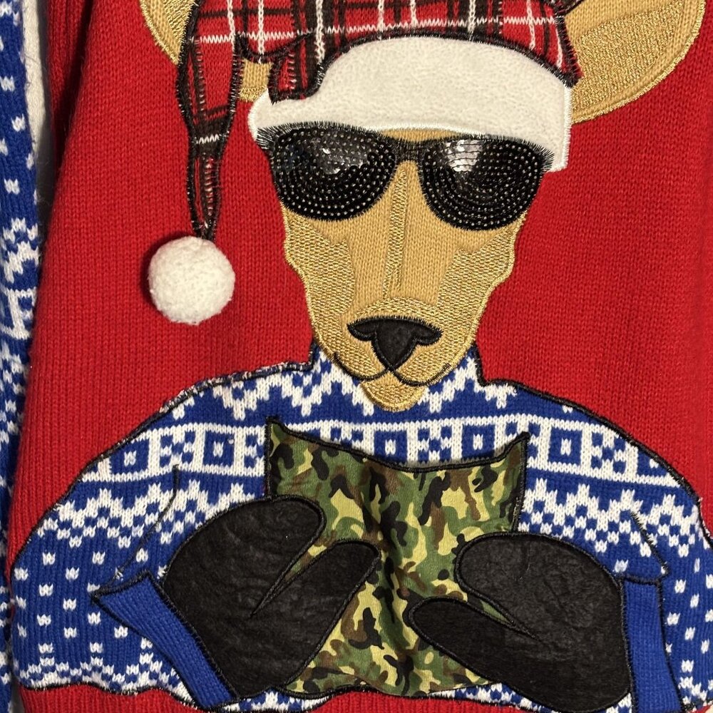 Funny Christmas Sweater With Reindeer Wearing Sunglasses & Santa Hat Red - Picture 4 of 8